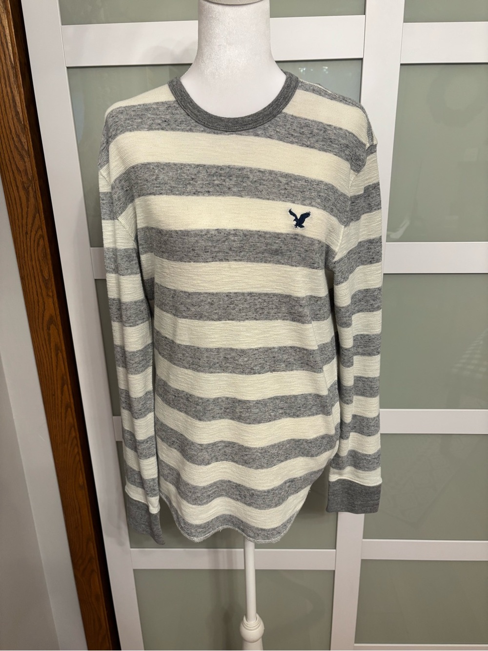 American Eagle Outfitters Woman’s Gray & Cream Striped Long Sleeve Crew Sweater